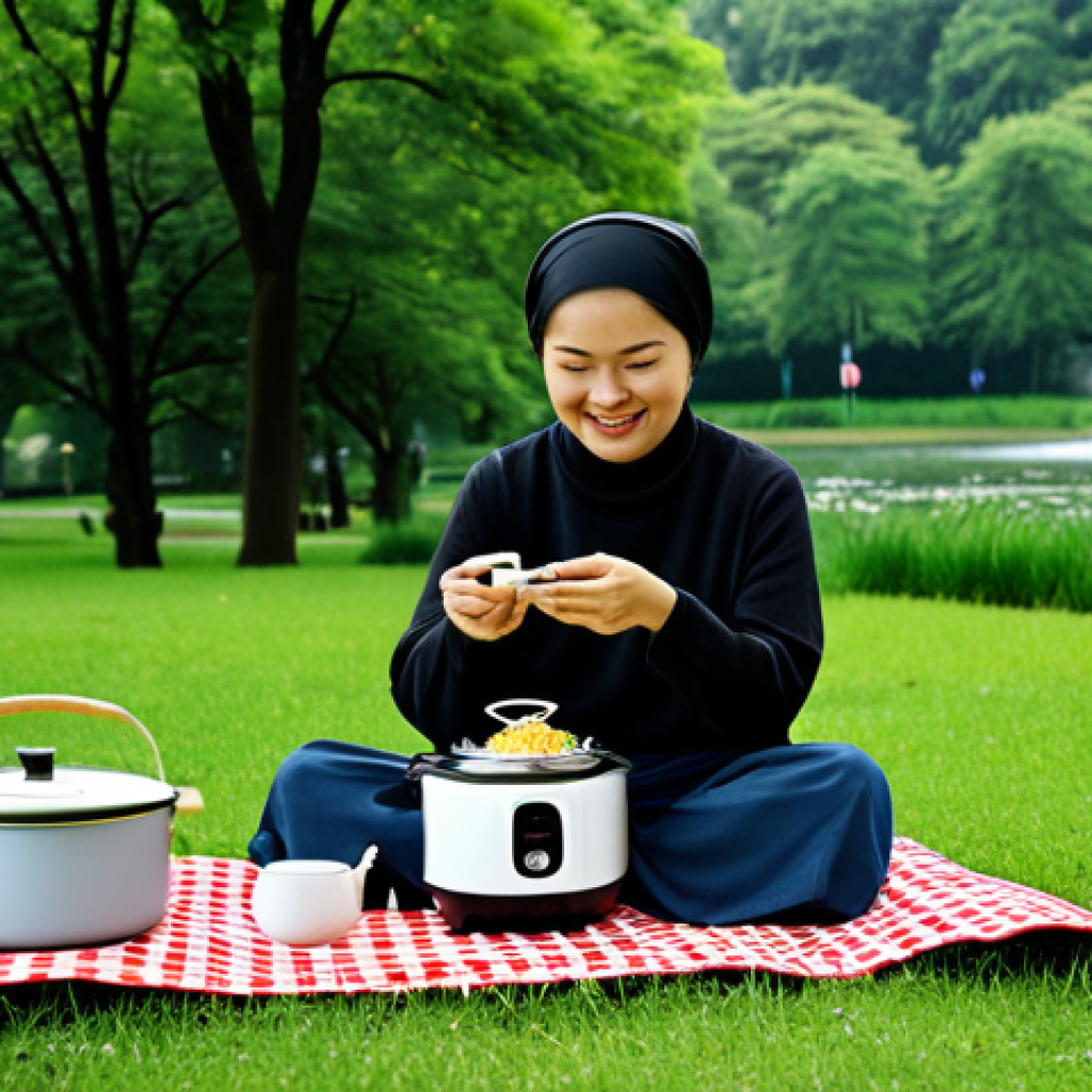 Portable Kitchen Scene**

"A fully clothed woman in modest attire is happily cooking with mini kitchen appliances (mini rice cooker, portable stove, mini cookware set) on a picnic blanket in a lush green park. The scene emphasizes the convenience and joy of cooking outdoors with compact equipment. Safe for work, appropriate content, perfect anatomy, natural proportions, professional, family-friendly, well-formed hands, proper finger count, natural body proportions."

**
