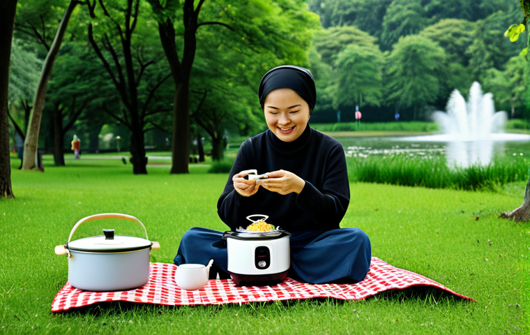 Portable Kitchen Scene**

"A fully clothed woman in modest attire is happily cooking with mini kitchen appliances (mini rice cooker, portable stove, mini cookware set) on a picnic blanket in a lush green park. The scene emphasizes the convenience and joy of cooking outdoors with compact equipment. Safe for work, appropriate content, perfect anatomy, natural proportions, professional, family-friendly, well-formed hands, proper finger count, natural body proportions."

**