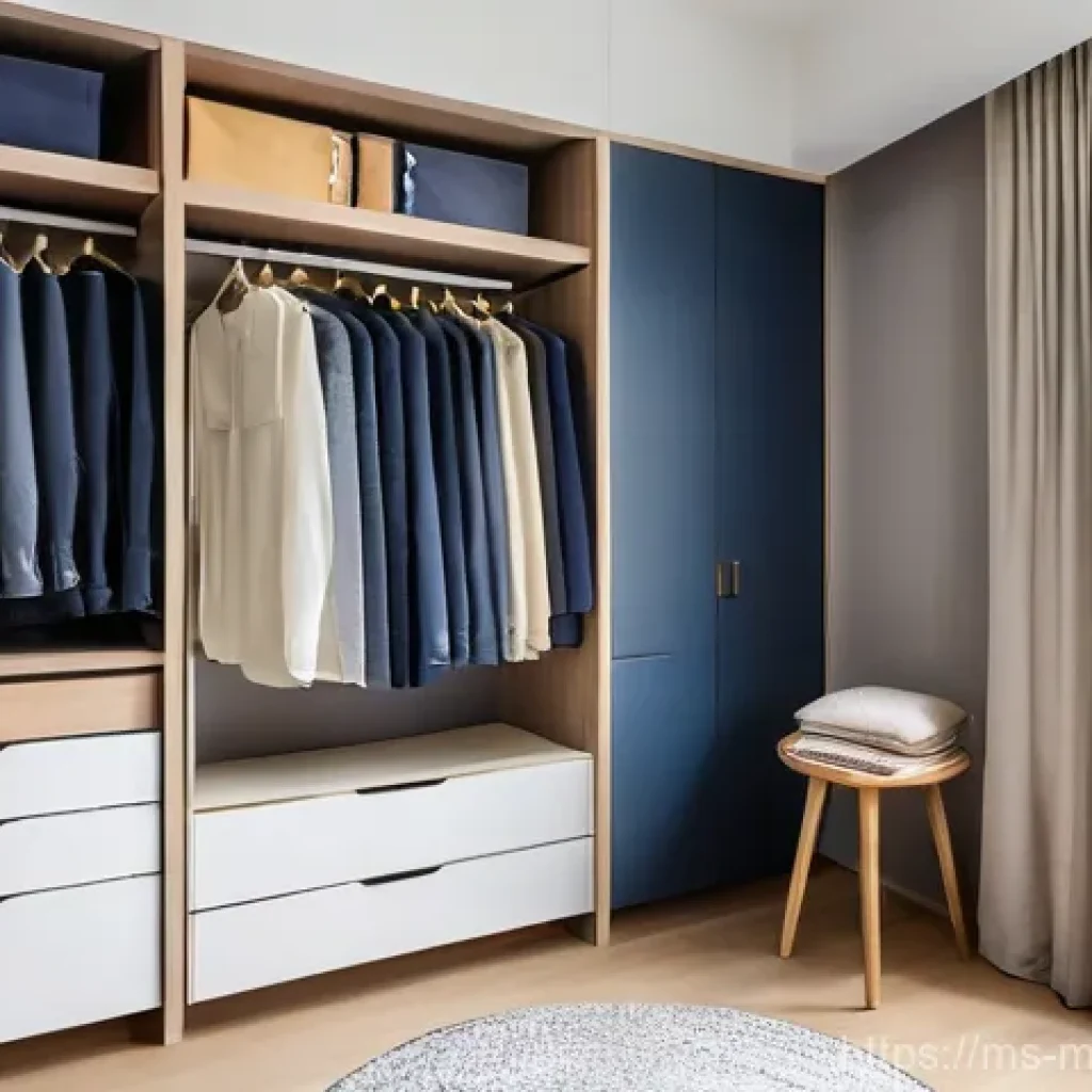 미니멀라이프 시즌별 의류 관리 - **Prompt:** A modern, minimalist walk-in closet in a Malaysian home, bathed in soft, natural light. ...