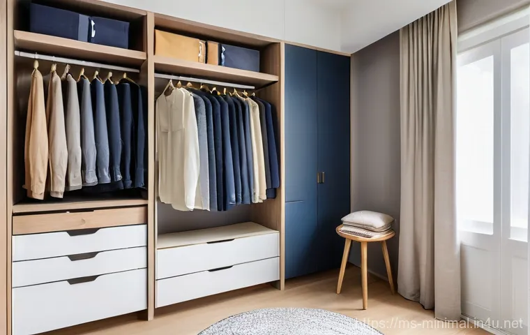 미니멀라이프 시즌별 의류 관리 - **Prompt:** A modern, minimalist walk-in closet in a Malaysian home, bathed in soft, natural light. ...