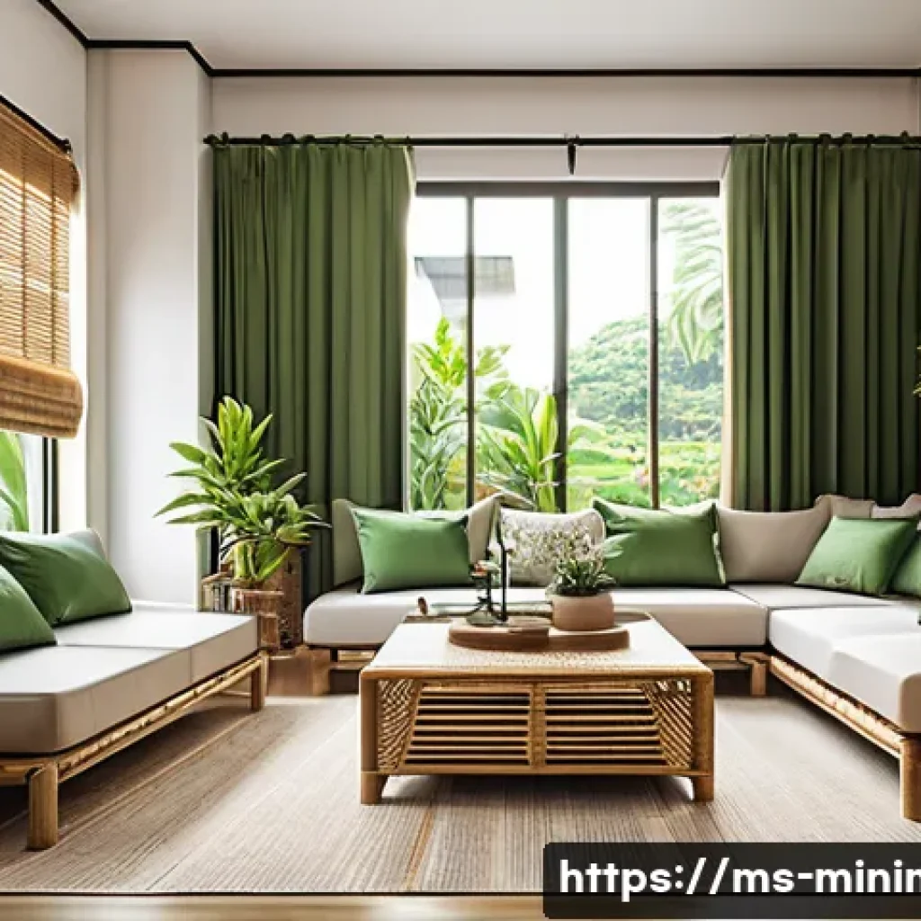 미니멀라이프 책 추천 - A cozy and minimalist Malaysian living room interior during daytime, featuring clean lines and natur...