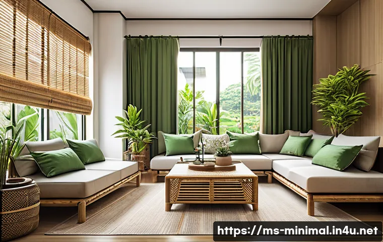 미니멀라이프 책 추천 - A cozy and minimalist Malaysian living room interior during daytime, featuring clean lines and natur...