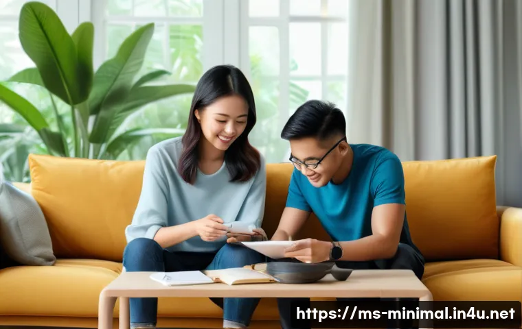 미니멀라이프 경제적 자립 - A modern Malaysian family in a cozy living room practicing minimalism: parents and two children wear...