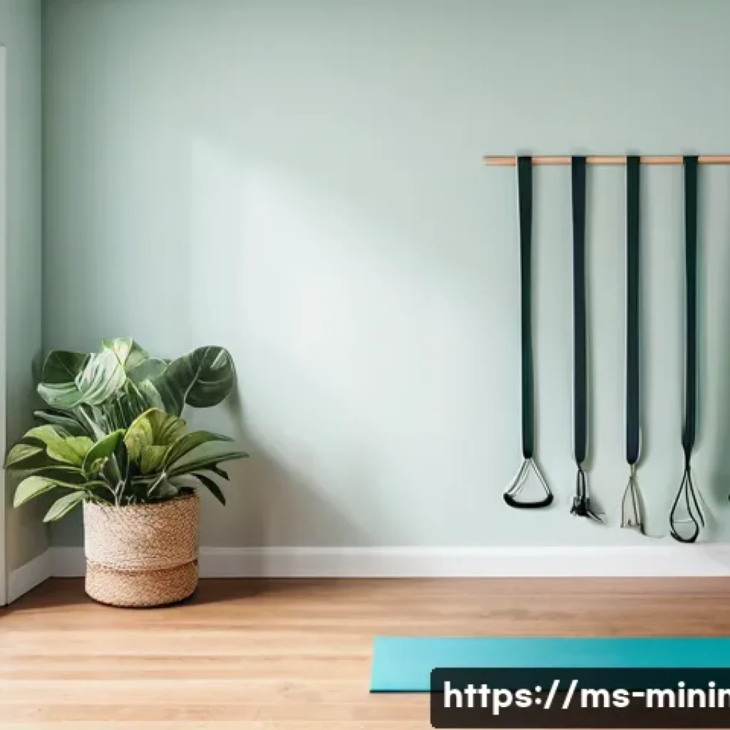 미니멀라이프 운동 기구 - A cozy small apartment workout corner featuring a neatly rolled yoga mat with a textured, non-slip s...