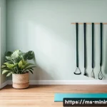 Home 19 미니멀라이프 운동 기구 - A cozy small apartment workout corner featuring a neatly rolled yoga mat with a textured, non-slip s...