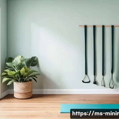 Home 31 미니멀라이프 운동 기구 - A cozy small apartment workout corner featuring a neatly rolled yoga mat with a textured, non-slip s...
