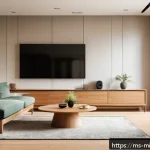 Home 17 미니멀라이프 스마트 홈 기기 활용 - A sleek, modern minimalist living room in a Malaysian home featuring integrated smart home devices: ...
