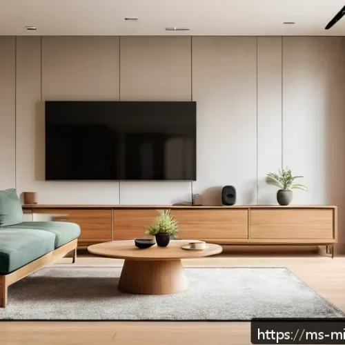 Home 29 미니멀라이프 스마트 홈 기기 활용 - A sleek, modern minimalist living room in a Malaysian home featuring integrated smart home devices: ...