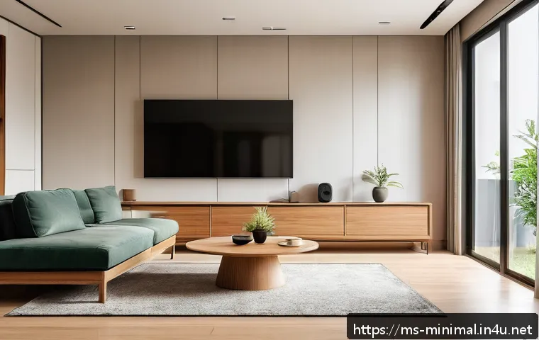 미니멀라이프 스마트 홈 기기 활용 - A sleek, modern minimalist living room in a Malaysian home featuring integrated smart home devices: ...