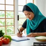 Home 22 미니멀라이프 예산 관리 - A cozy Malaysian family kitchen scene showing a middle-aged Malay woman thoughtfully preparing a wee...