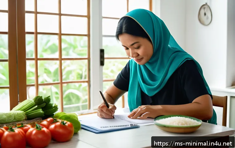 미니멀라이프 예산 관리 - A cozy Malaysian family kitchen scene showing a middle-aged Malay woman thoughtfully preparing a wee...